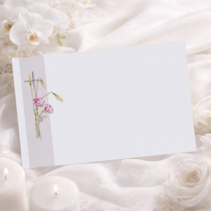 Carte remerciement décès fleurs roses, épis de blé et croix argentée