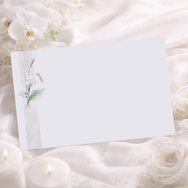 Carte remerciement après obsèques arums blanc et épis de blé