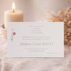 Carte de remerciement après décès pivoine rose et croix catholique