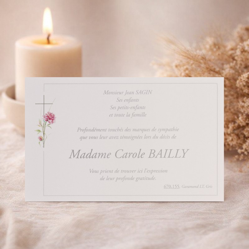 Carte de remerciement après décès pivoine rose et croix catholique