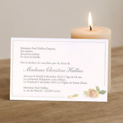 Carte de remerciement décès rose solitaire devant une bougie