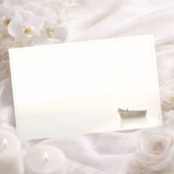 Carte remerciement après obsèques illustrée d'une barque sur un lac