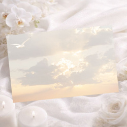 Carte remerciement deuil illustrée d'un ciel au crépuscule où vole une colombe