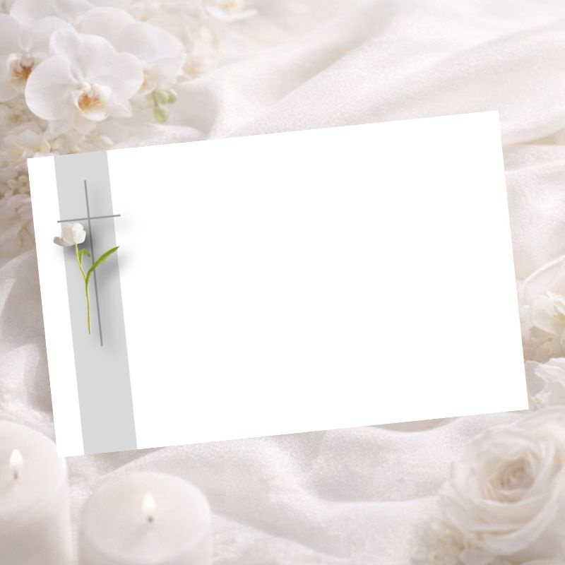 Carte de remerciement sobre fleur blanche et croix