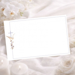 Carte de remerciement colombe, fleurs et croix catholique