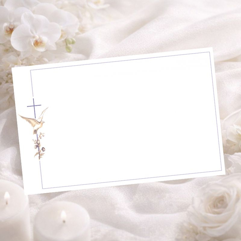 Carte de remerciement colombe, fleurs et croix catholique