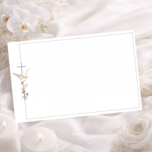 Carte de remerciement colombe, fleurs et croix catholique