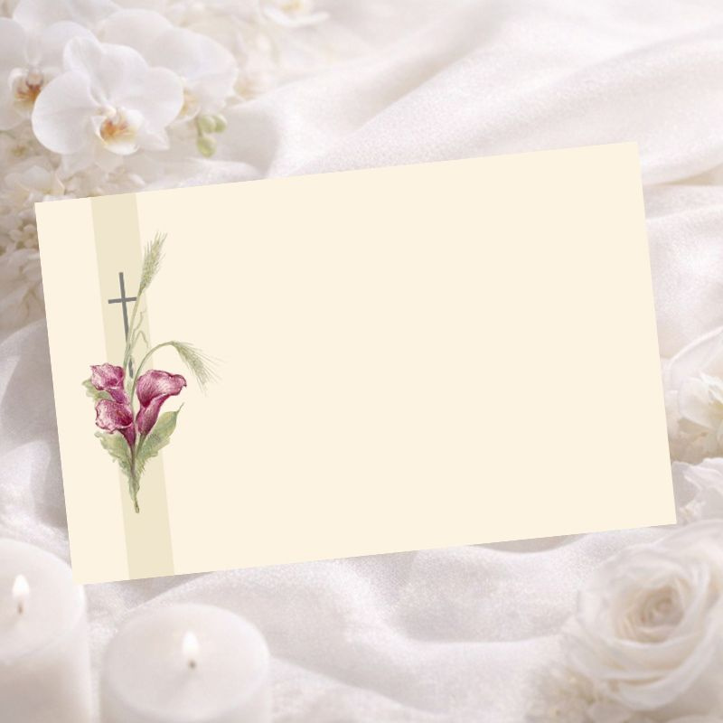 Carte remerciement deuil arum pourpre et croix
