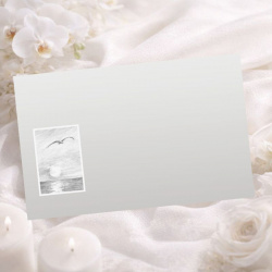 Carte remerciement deuil fond gris illustration au crayon couché de soleil sur la mer