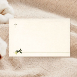 Carte remerciement deuil sobre rose blanche et croix catholique