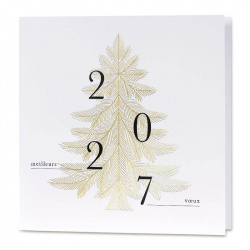 Carte de voeux 2027 élégante blanche avec un sapin doré