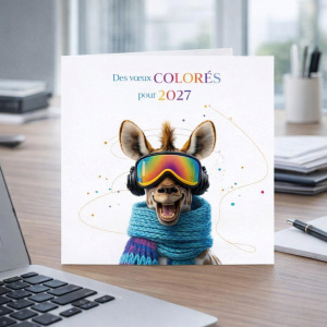 Carte de voeux 2027 humoristique zèbre multicolore