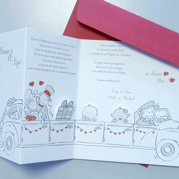 Faire-part mariage et baptême le même jour - Enfants et parents dans une limousine de style humoristique