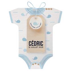 Faire-part de naissance très original en forme de body bleu et blanc