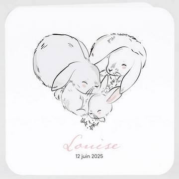 Faire-part naissance famille lapins. Deux parents lapins et un lapereau endormis forments un coeur
