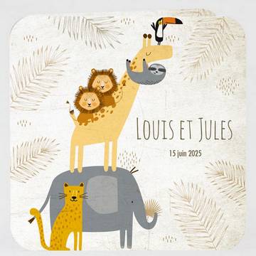 Faire-part naissance pour jumeaux, avec animaux de la savane et deux petits lions