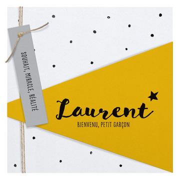 Faire-part de naissance moderne et graphique, couleurs blanc et jaune moutarde avec différents motifs géométriques