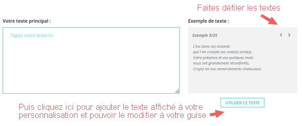 Ajout automatique des exemples de texte carte remerciement condoléances