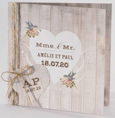 Faire-part motifs bois et petits oiseaus pour anniversaire de 5 ans de mariage