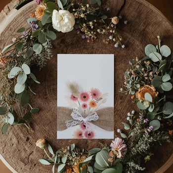 Un faire-part de mariage champêtre posé au milieu d'une décoration bohème