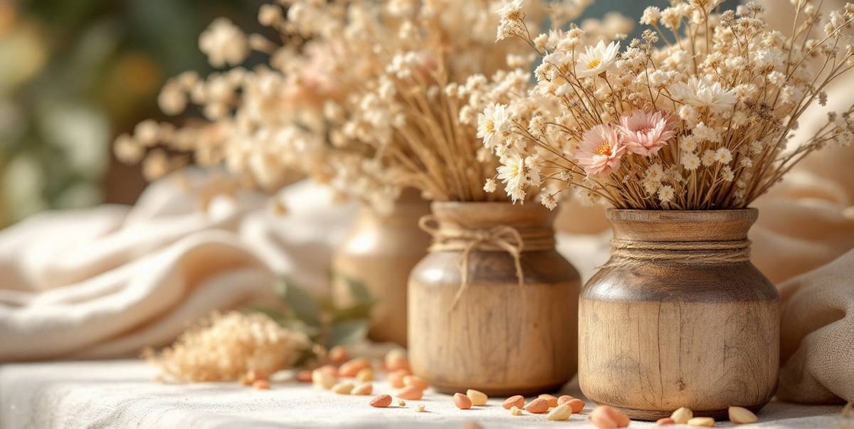 Décoration éco-responsable pour un mariage, faite de pot en bois et fleurs séchées naturelles