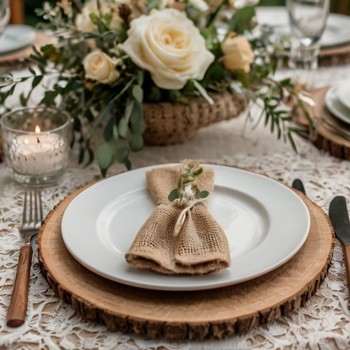 Table de mariage dans un esprit nature et champêtre avec set de table en bois et matières naturelles
