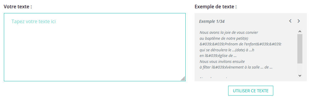 Ajout automatique des exemples de texte faire-part de baptême